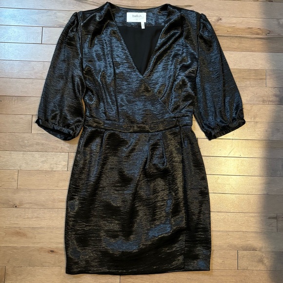 ba&sh “cami” V-Neck 3/4 Sleeve Crossover textured Satin Dress - Picture 2 of 16